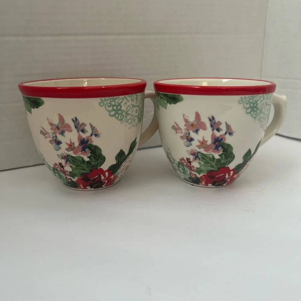 Pioneer Woman Floral Ceramic Mugs with Red Rim - Picture 2 of 5